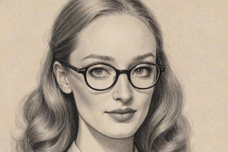 Attractive Lotte Verbeek, pencil sketch, portrait of Beauteous woman 1935s in glasses, hair style beatnik, outline, clear lines, fine lines, 8k