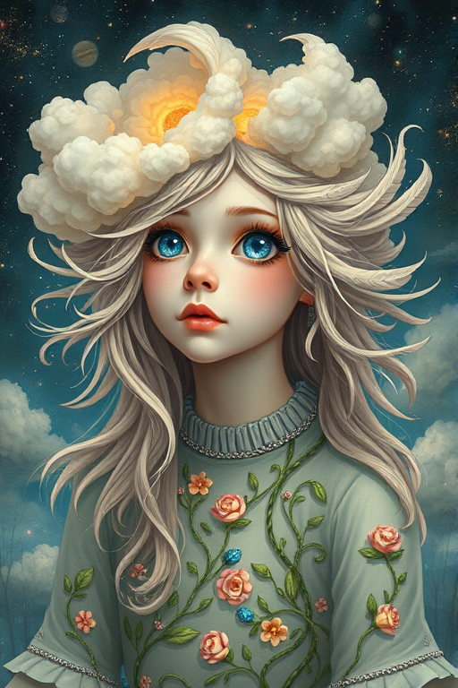 Create a series of imaginative portraits where each subject is infused with elements of fantasy and nature. The hair of the individuals should flow like clouds, varying from soft, fluffy cumulus to wispy cirrus strands, with hints of color reflecting a sunset or a clear blue sky. The eyes should be windows to entire galaxies, with stars, nebulae, and distant planets visible within them. Clothing should be adorned with nature motifs, such as floral patterns that bloom and change, vines that seem to grow and wrap around, or feathers that shimmer with iridescence. Each portrait should capture a unique personality, blending human features with the ethereal beauty of the natural and cosmic world. The backgrounds can vary, from starry night skies to enchanted forests, adding depth and context to the magical realism of the portraits