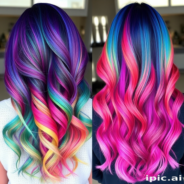 Multi-toned rainbow hair in long, flowing waves showcases the "Prism Cascade" style, featuring a seamless blend of vibrant hues that transition from deep indigo at the roots through shades of emerald, sapphire, amethyst, ruby, and golden topaz, culminating in pale pink tips that create a mesmerizing spectrum of color