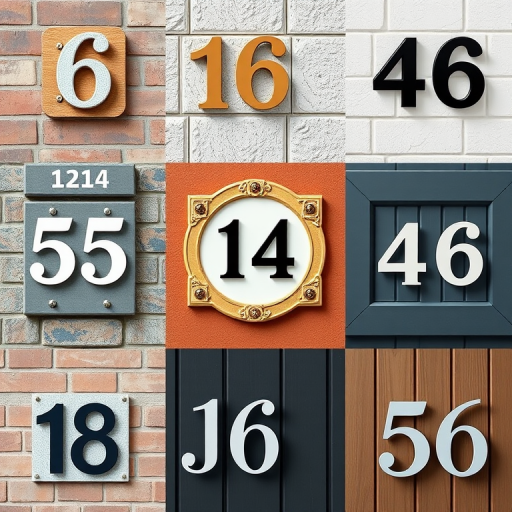 Create a high-resolution collage of house numbers on various backgrounds, using a 50mm lens, f/2.8 aperture, ISO 100, natural lighting, overhead view, and a DSLR camera for optimal clarity and detail.