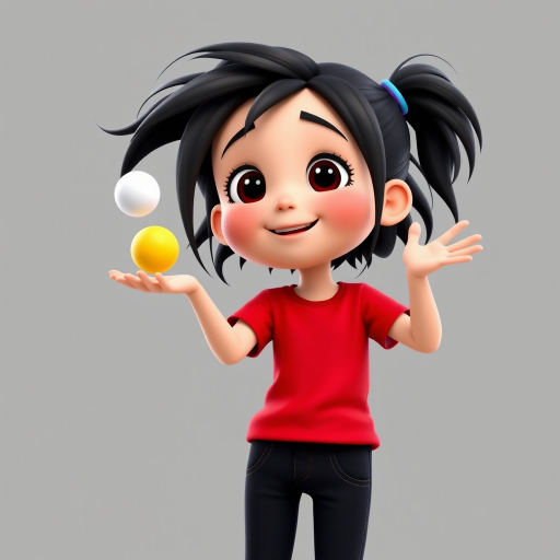 A 3D animated 6-year-old girl with long messy dark hair, joyfully She is juggling balls with her hand. , wearing a red t-shirt and black jeans, set against a gray background.