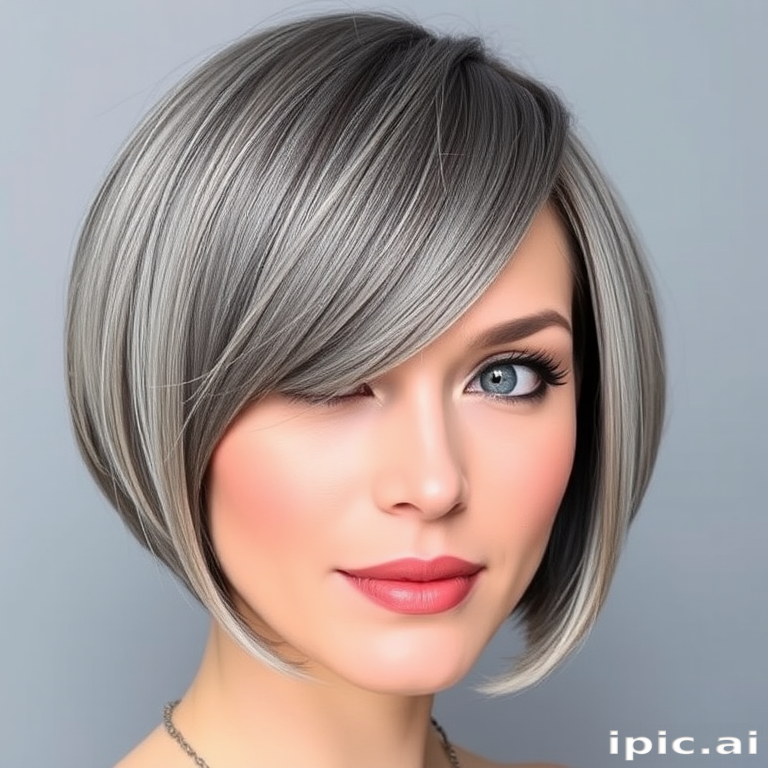 Striking monochromatic grey-haired icon with a sleek, chin-length bob featuring a precise middle part and blunt ends