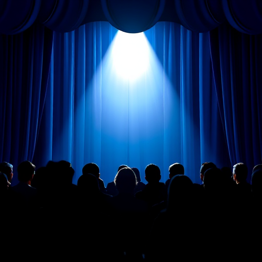 Generate an illustration of a theater audience silhouetted against a bright spotlight shining through blue velvet curtains, using a DSLR camera with a 50mm lens, f/1.8 aperture, ISO 200, and a slight vignette effect to enhance the depth and focus on the audience.