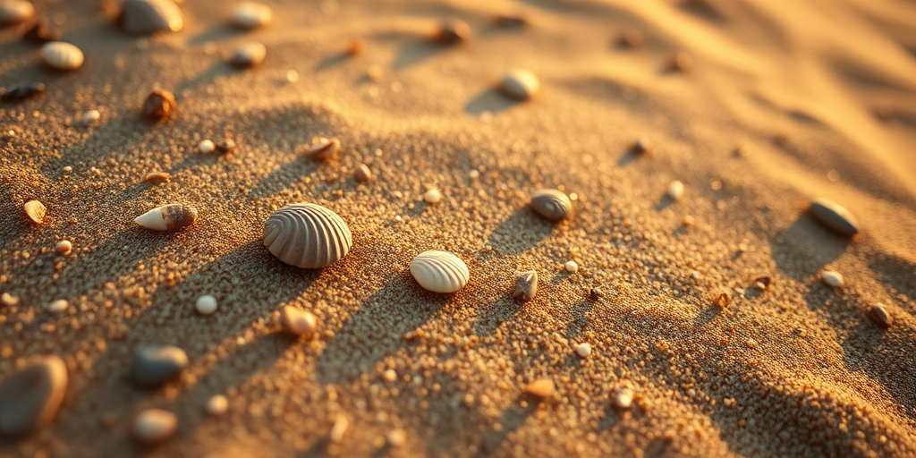 Close-up of textured sand patterns with shells and stones, natural lighting, shallow depth of field, DSLR camera, 50mm lens, aperture f/2.8, ISO 100, captured at golden hour.