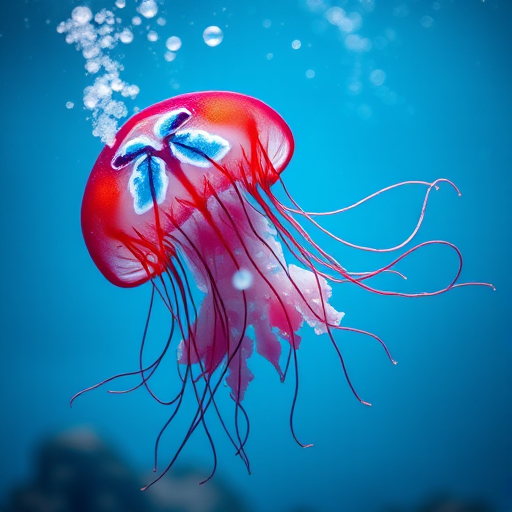 Create a vibrant underwater scene featuring a stylized jellyfish with large red and blue features, captured with a DSLR camera at f/2.8 aperture, ISO 100, 50mm lens, shoot from a slight low angle to enhance perspective, using soft lighting for a magical effect.
