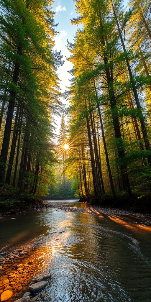 Create an image of a serene, sunlit forest scene with a clear, gently flowing river. Tall trees with lush green foliage line both sides of the river, their leaves bathed in the warm golden light of the setting or rising sun. The sunlight filters through the trees, casting soft, dappled light on the river, which flows over smooth rocks and pebbles, creating a peaceful, natural atmosphere. The sky is bright with a few scattered clouds, and the overall mood is tranquil, evoking a deep sense of connection with nature. The image captures the beauty of a calm, pristine forest landscape at either dawn or dusk.