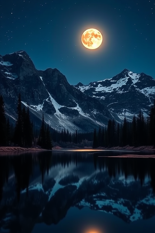 Create a serene nighttime landscape featuring tall mountains with snow caps under a full moon, reflected in a calm lake surrounded by evergreen trees, using a DSLR camera with a wide-angle lens set at f/8, ISO 400, and a long exposure of 10 seconds, capturing vibrant colors and crisp details.