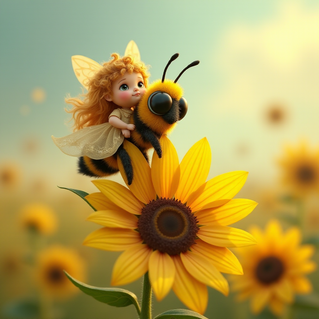 a whimsical cute girl with big eyes, big hair and flowing dress, riding astride a bumble bee, and flying across the top of the sunflower, which are just waking up, and catching dew drop of rain