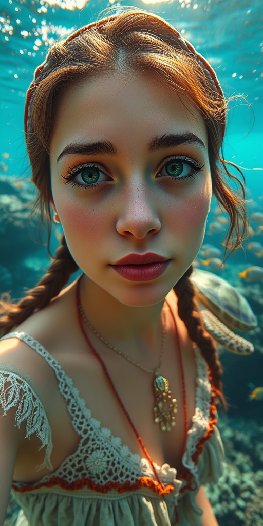 Realistic selfie image of a Romani, wearing a vintage outfit, detailed dreamy eyes, droopy hooded eyes, staring at the camera, taken underwater at coral reef with a sunbeam filtering through the water, vibrant, summer vacation, natural lighting, turtle and school of tropical fish with vibrant colors, rendered in the style of CryEngine, Pegi Nicol MacLeod, with realistic genre scenes, hauntingly beautiful narratives, ultra-realism, and Thomas Saliot's close-up technique, 8K resolution, crystal clear and sparkling water.