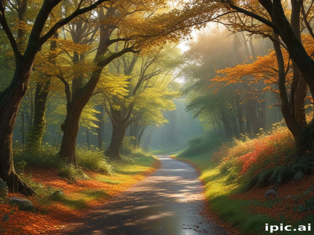 Enchanting Autumn Pathway Through a Vibrant Forest Bathed in Morning Light