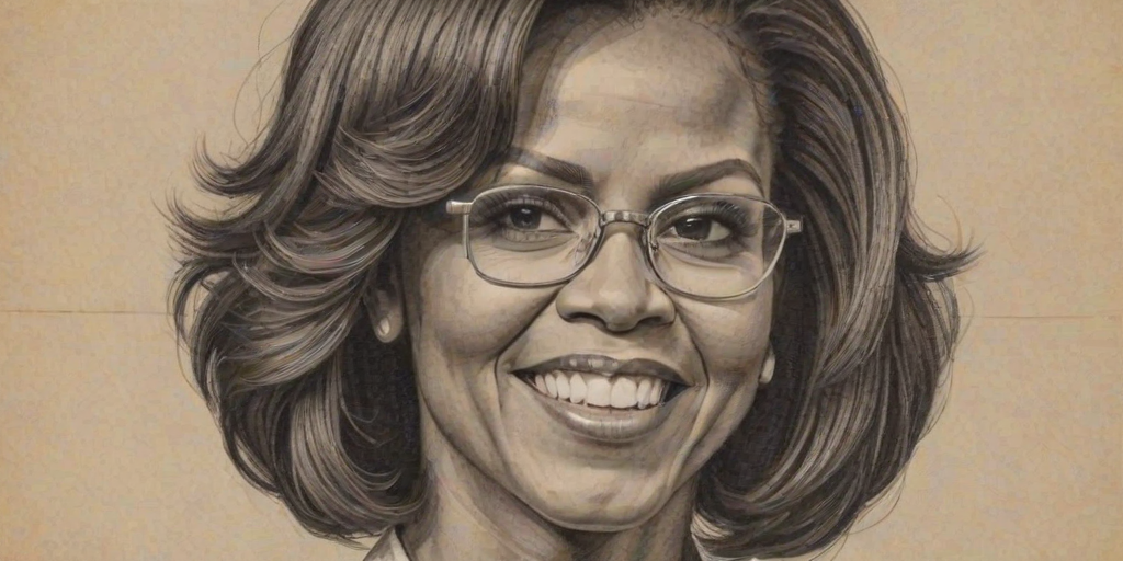 Resplendent Michelle Obama, pencil sketch, portrait of Bewitching woman 1927s in glasses, hair style beatnik, outline, clear lines, fine lines, 8k