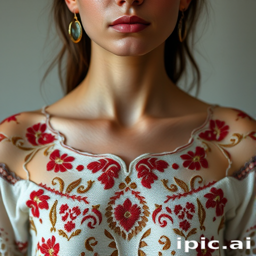 Face, shoulders, chest covered in openwork Ukrainian embroidery. Raw, unedited image.