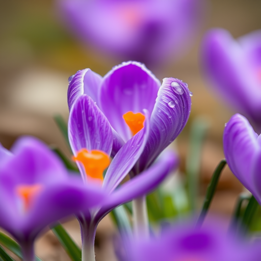macro shot of purple crocus flowers with water droplets on petals, shallow depth of field, f/2.8 aperture, 100mm lens, ISO 200, natural light, soft focus background