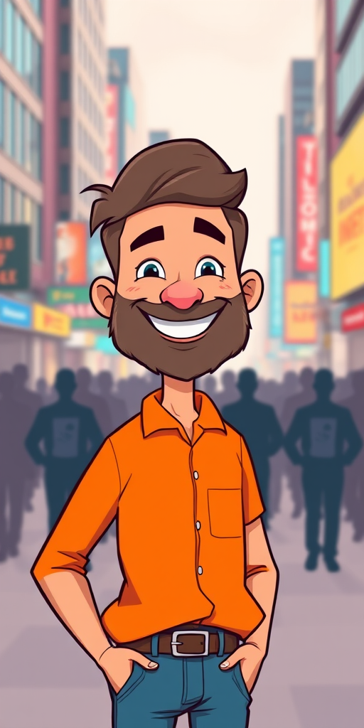 Create a vibrant cartoon character of a smiling man with a beard wearing an orange shirt, standing confidently in a busy urban background filled with silhouettes of people, using a DSLR camera, 50mm lens, f/2.8 aperture, ISO 100, with a soft focus effect and bright color saturation.