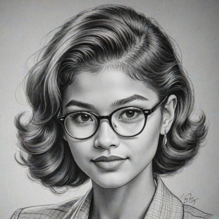 Charming Zendaya, pencil sketch, portrait of Ravishing woman 1940s in glasses, hair style beatnik, outline, clear lines, fine lines, 8k