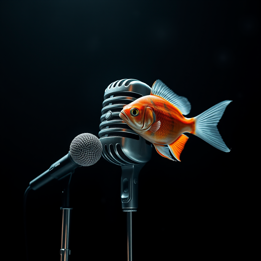 Create a surreal digital artwork featuring a microphone and a fish in space, using a DSLR camera with a 50mm lens, aperture set to f/1.8, ISO 100, and a black background to enhance depth, focusing on high contrast and detailed textures.