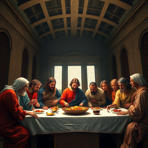Regenerate an artistic representation of The Last Supper with vibrant colors and high detail, using a Canon EOS R5, ISO 100, f/4, 1/60s, wide-angle lens at 24mm, soft natural lighting to enhance shadows and highlights.