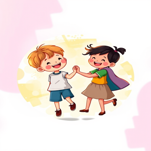 Create a vibrant circular illustration of children holding hands, smiling, and playing together, using a digital art style, with high resolution, Canon EOS R5, 50mm lens, f/1.8 aperture, ISO 100, and bright, colorful background.