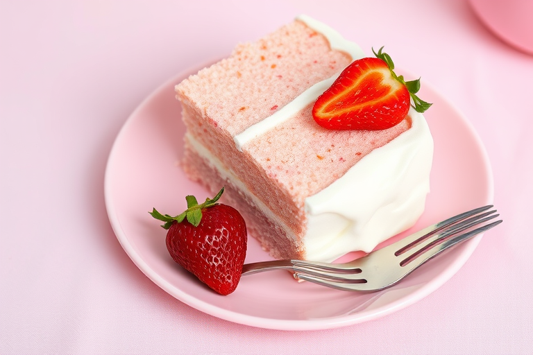 A slice of pink cake with white frosting on a pink plate, accompanied by a fresh strawberry, with a fork beside it, set on a light pink tablecloth.