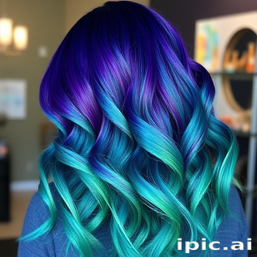 Vibrant peacock-inspired ombré flowing from deep teal to rich purple and ending in emerald green tips, styled in loose waves dubbed "Exotic Plumage" celebrating nature's beauty