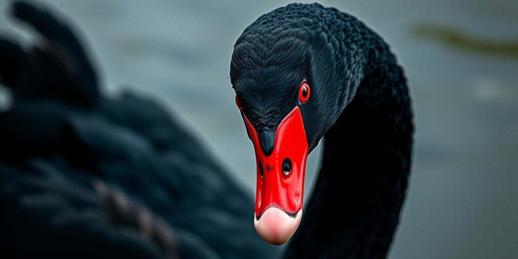 Create a high-resolution digital painting of a black swan with striking red eyes, using a soft focus lens, 50mm focal length, f/1.8 aperture, vibrant color contrast, and a subtle textured background to enhance the overall artistic quality.