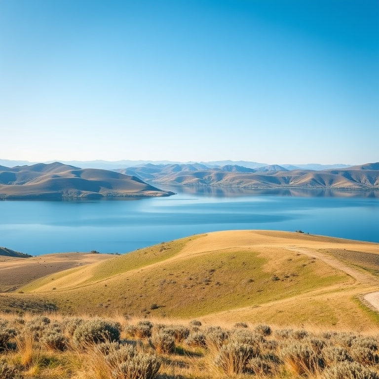 Create an image of a serene landscape with rolling hills, a clear blue sky, and a reflective lake, captured with a Canon EOS R5, 24mm lens, f/8, ISO 100, using a tripod for stability and a shallow depth of field for enhanced detail.