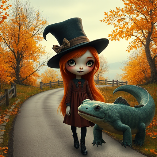digital art fantasy depicting a strange girl with orange hair, long eyelashes, black lipstick and a tall hat walking along a winding road on an autumn afternoon, an Axolotl smiles as she passes