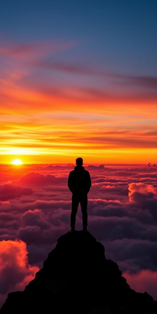 Create an image of a silhouette of a person standing on a mountain peak at sunset, surrounded by clouds, using a Canon EOS R5 camera with a 24mm f/1.4 lens, aperture set to f/8, ISO 100, shot in landscape orientation, with dramatic lighting and vibrant colors.