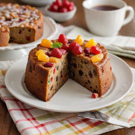 Generate an image of a freshly baked fruitcake on a white plate. The cake should have a golden-brown crust and colorful bits of mixed candied fruit visible in the slices. The setting includes a checkered tablecloth and a cozy kitchen background.