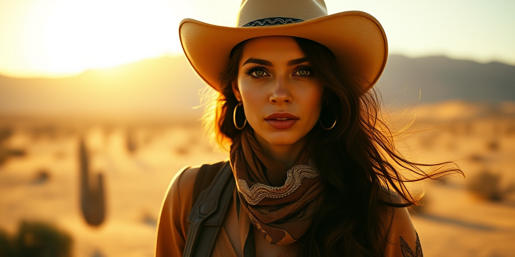 Dramatic photo of a beautiful Persian woman, classic cowboy attire, confident and free spirit expression, half-length portrait, centered, golden hour desert landscape, warm, diffused light, low angle, medium format film camera, in style of Annie Leibovitz.