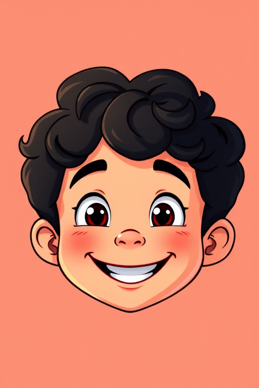 Create a cartoon-style image of a smiling boy's face with a round shape, short curly black hair, a happy expression, bright colors, using a Canon EOS 5D Mark IV, aperture f/4, ISO 100, focal length 50mm, with a portrait view and soft lighting for enhanced quality.