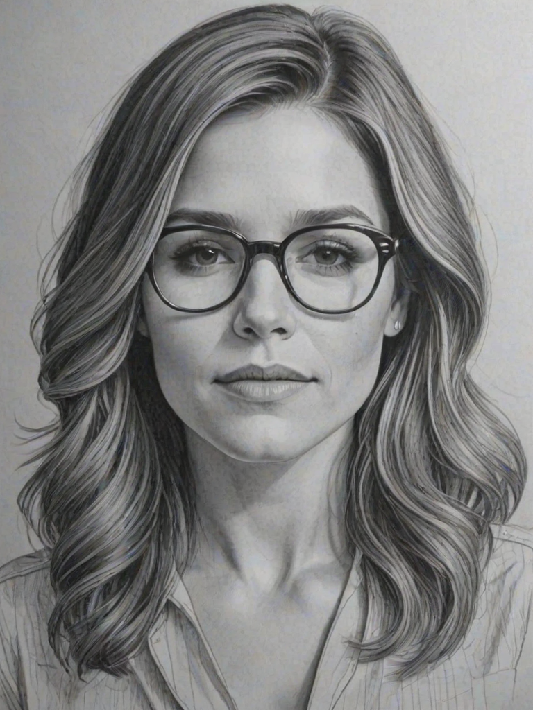 Superb Sophia Bush, pencil sketch, portrait of Captivating woman 1976s in glasses, hair style beatnik, outline, clear lines, fine lines, 8k