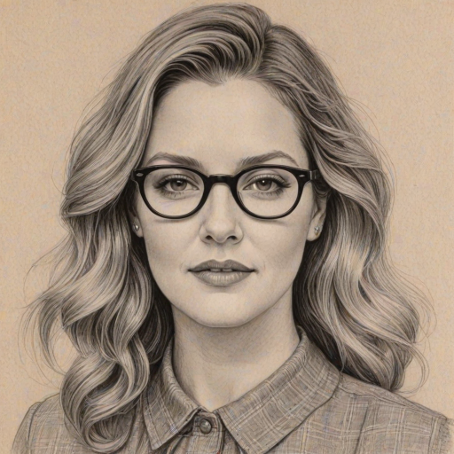 Bewitching Drew Barrymore, pencil sketch, portrait of Resplendent woman 1961s in glasses, hair style beatnik, outline, clear lines, fine lines, 8k