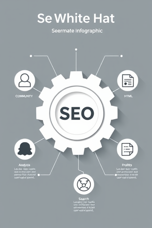 Generate an infographic illustrating the concept of SEO White Hat with a central gear icon labeled "SEO" surrounded by six icons representing community, design, HTML, analysis, profits, and search, using a modern vector style, high-resolution, shot with a DSLR camera at f/4 aperture, 35mm lens, ISO 200, and soft natural lighting.