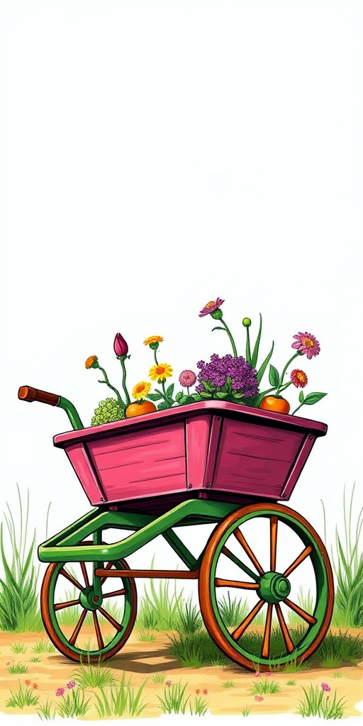 Create a detailed illustration of a hand-drawn garden cart in a vibrant color palette, with a clear blue sky background, using a DSLR camera with a 50mm lens, aperture set to f/2.8, ISO 100, and a wide-angle view to enhance depth and detail.