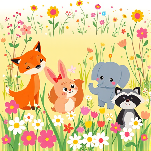 Whimsical illustration of cartoon animals including a fox, deer, rabbit, squirrel, elephant, and raccoon set in a vibrant, flower-filled meadow, captured with a DSLR camera, 50mm lens, f/1.8 aperture, ISO 100, natural lighting, and a slightly elevated angle for a playful perspective.