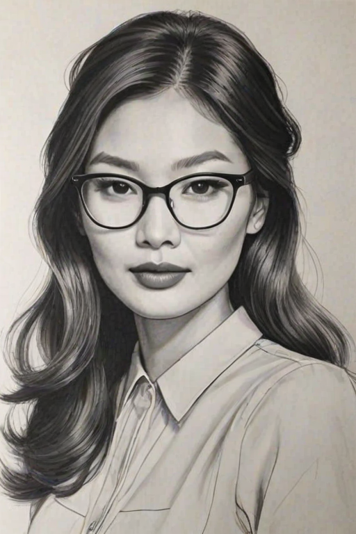 Appealing Gemma Chan, pencil sketch, portrait of Fetching woman 1940s in glasses, hair style beatnik, outline, clear lines, fine lines, 8k