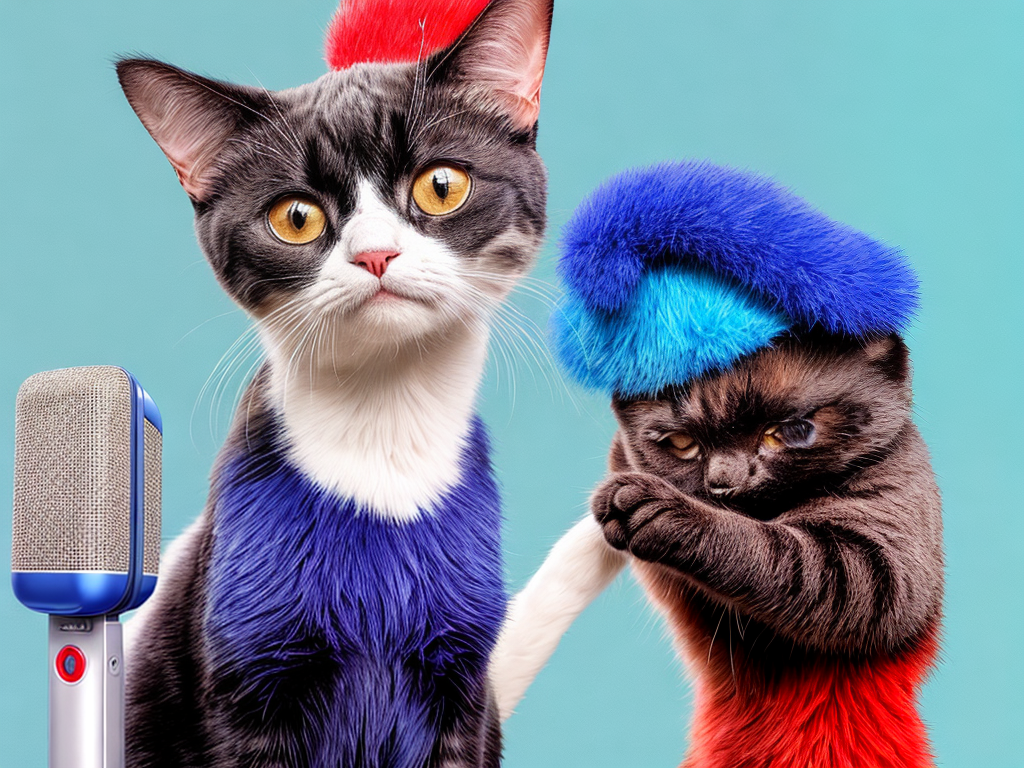 Cat singing into a microphone in a studio with a red white and blue ...