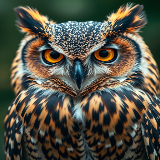 Create a detailed illustration of an owl with intricate patterns and textures, using a macro lens, shot at f/2.8 to create a shallow depth of field, in natural light to enhance the richness of the colors, captured with a DSLR camera from a slightly elevated angle for a dynamic perspective.