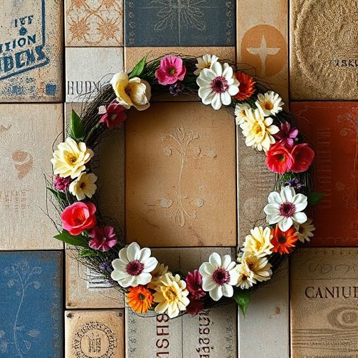 Create a high-resolution image of a floral wreath set against a patchwork background with various textures and colors, using a Canon EOS 5D Mark IV with a 50mm f/1.8 lens at f/4 aperture, ISO 100, and a soft-focus style to enhance depth and detail.