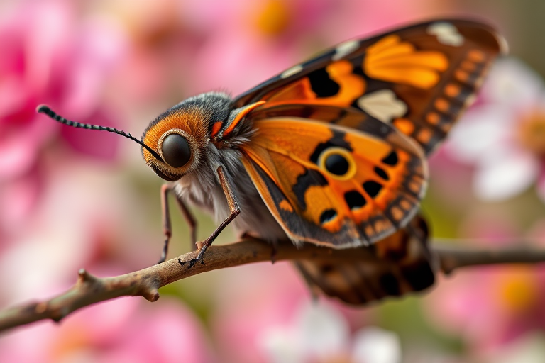 Generate a close-up image of a colorful moth perched on a branch. The moth should display intricate patterns on its wings, featuring vibrant orange, brown, and black colors, with distinctive eye-like markings. The background should be softly blurred, showcasing a warm, floral environment.