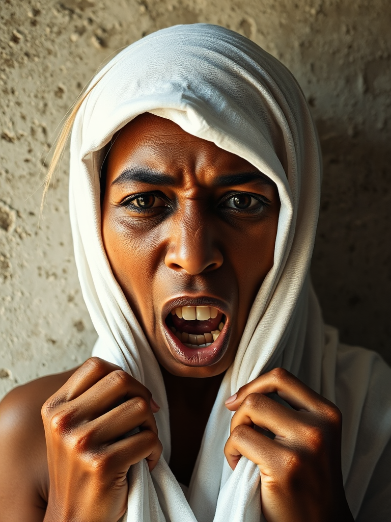 Create a close-up photographic image of a Oromo woman with light skin tones shown against an old, worn wall. Their head is wrapped in a white cloth covering (i.e.... parts of the head except the nose and mouth, which are open as if they are screaming...), with a slight texture and visible folds in the fabric. Thin strands of blonde hair escape from the wrapping above, falling lightly at the top and sides. Their hands hold the fabric as if they are tugging nervously. The lighting is dramatic and even, casting strong shadows. The image has a minimalist and surreal style with an emphasis on simplicity with soft color tones. The composition is centered.