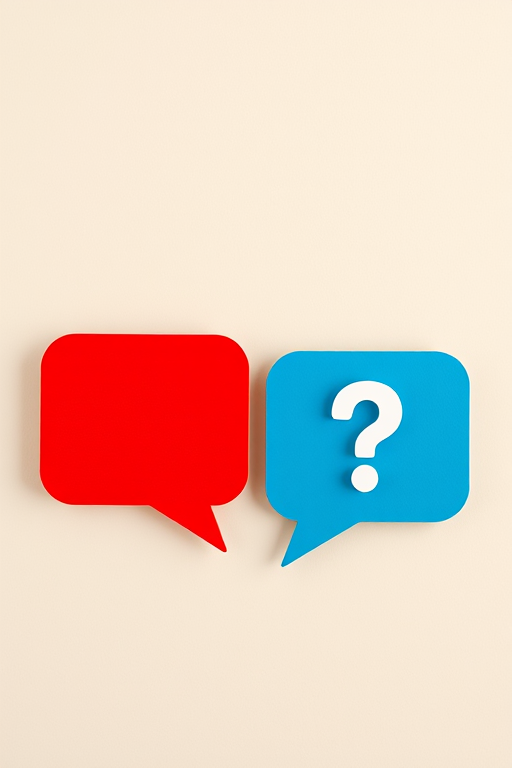 Create an image featuring two stylized speech bubbles, one in red and one in blue, with question marks inside, set against a soft, beige background, capturing the scene with a Canon EOS R5 at f/4, 1/100s, ISO 200, in a clean and minimalistic style.