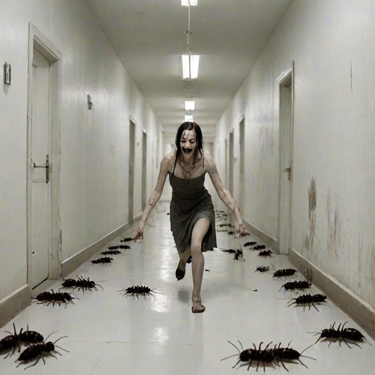 a crooked female with long arms and a creepy smile is crawling along a long white corridor and you can also see cockroaches in it there is a creepy atmosphere creepy art style