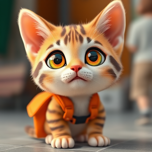 A cute cartoon cat with wide eyes and a small orange backpack, bright colors, high resolution, 50mm lens, f/2.8 aperture, natural light, shot from eye level with a shallow depth of field.