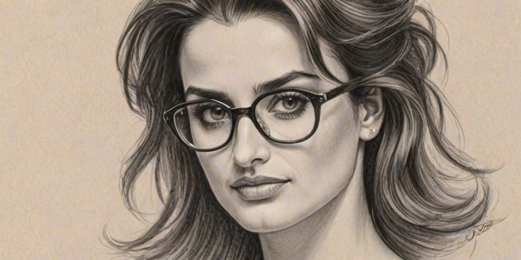 Appealing Penelope Cruz, pencil sketch, portrait of Wonderful woman 1939s in glasses, hair style beatnik, outline, clear lines, fine lines, 8k