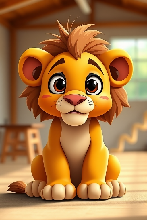 Create a high-resolution cartoon image of a cute sitting lion with large eyes, in a bright environment, using a Canon EOS 90D, 50mm f/1.8 lens, f/4 aperture, ISO 100, and a soft focus background.