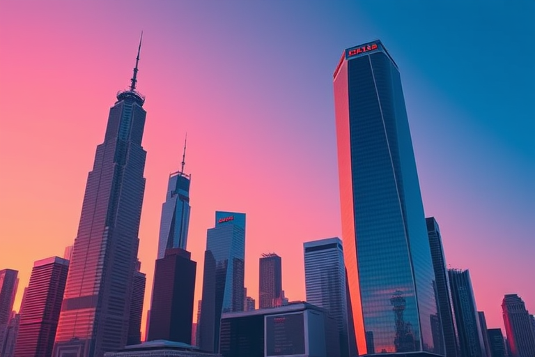 Create a high-resolution digital illustration of iconic skyscrapers at sunset with a gradient sky ranging from pink to deep blue, using a wide-angle lens at f/11 for sharpness, ISO 100 for minimal noise, and a tripod for stability, featuring a crisp and detailed architectural style with emphasis on geometric shapes and reflections.