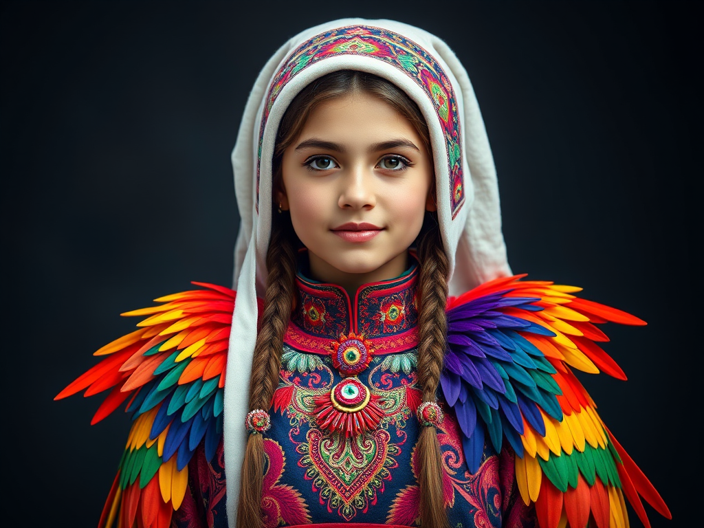 A beautiful Eurasian girl, wearing colorful bird clothing with vibrant colors