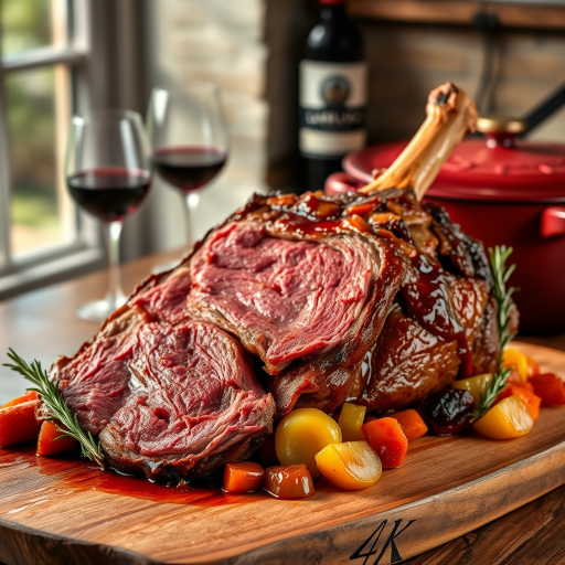 Soft, diffused natural light from a large window on the left, with a white reflector on the right for fill. 45-degree angle view, shallow depth of field focusing on the succulent meat. A tender beef roast, marinated and slow-cooked in Barolo wine, presented on a rustic wooden board. The meat is falling apart, glistening with a rich, deep red wine reduction sauce. Surrounding the roast, a colorful mirepoix of carrots, onions, and celery, their edges caramelized and infused with the wine's flavor. A small bunch of fresh rosemary and thyme as garnish. In the background, a half-filled glass of Barolo wine and a Le Creuset Dutch oven, hinting at the cooking method. 8K resolution, photorealistic rendering with intricate textures of the meat fibers and vegetable pieces.